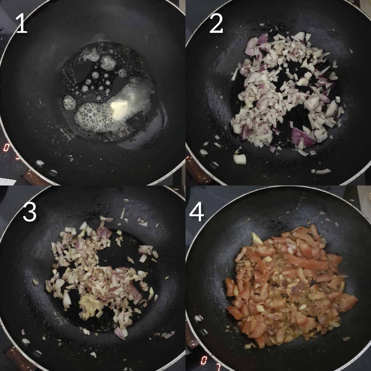 a collage of steps for cooking onions and tomato