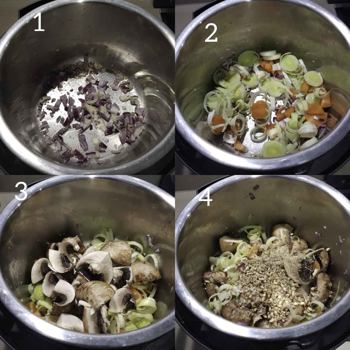 a collage of steps showing sautéing vegetables, adding barley and spices to instant pot