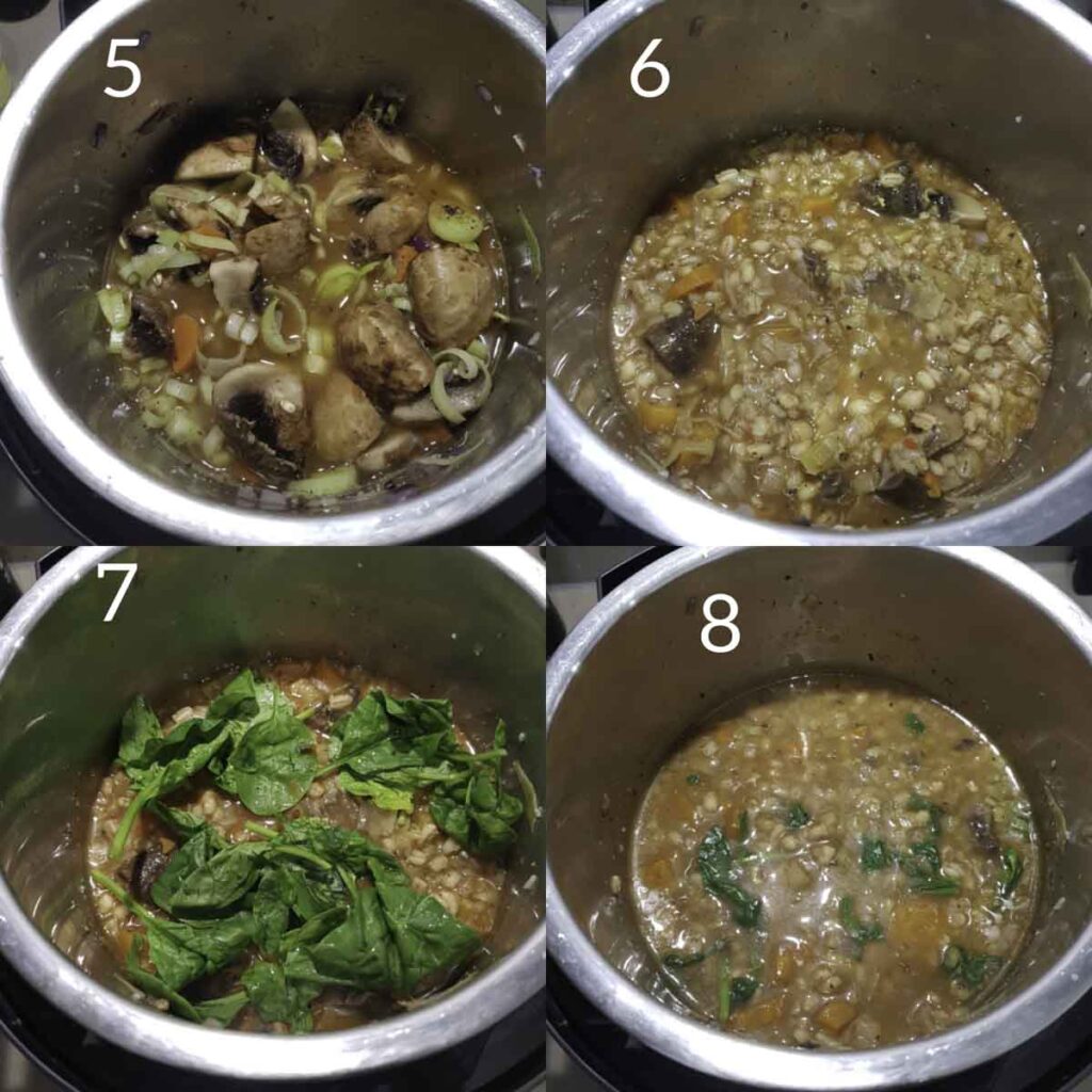 a collage of steps showing making barley soup in instant pot