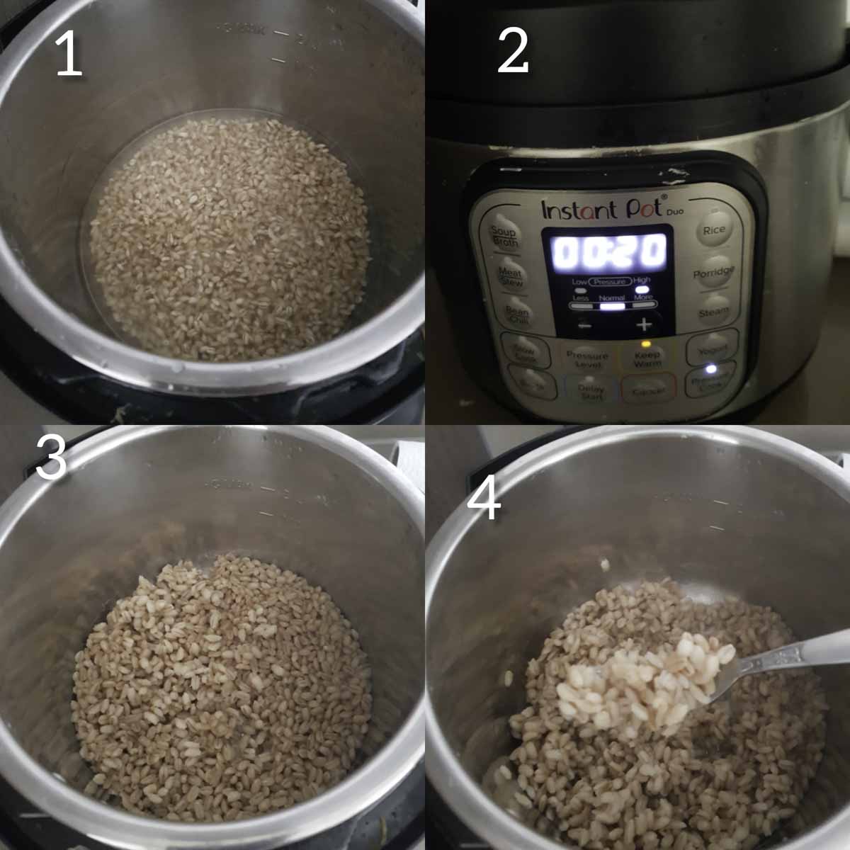 a collage of steps showcasing cooking pearl barley in instant pot