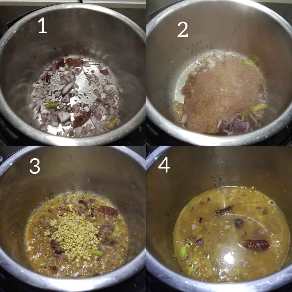 a collage of steps showing cooking onions, tomatoes and adding toor dal in instant pot