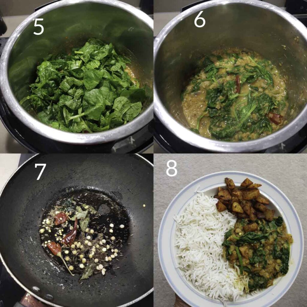 a collage of steps for adding spinach to cooked dal, tempering.