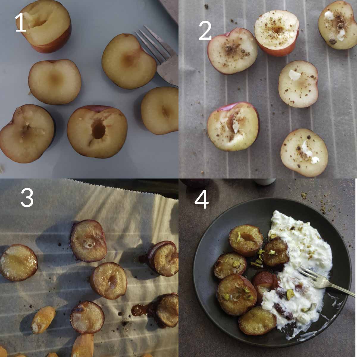 collage of steps showing cutting plums and  lining it on baking tray with sugar and butter on top