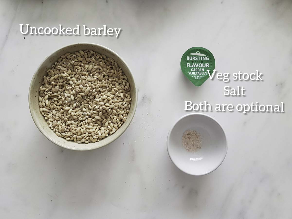 uncooked pearl barley grains in a bowl, vegetable stock , salt