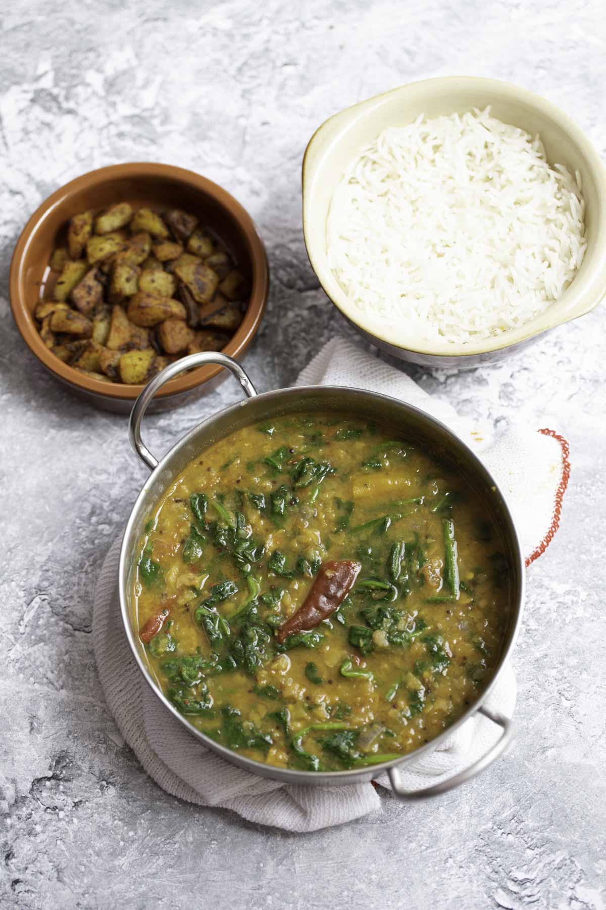 dal palak , basmathi rice and potato roast