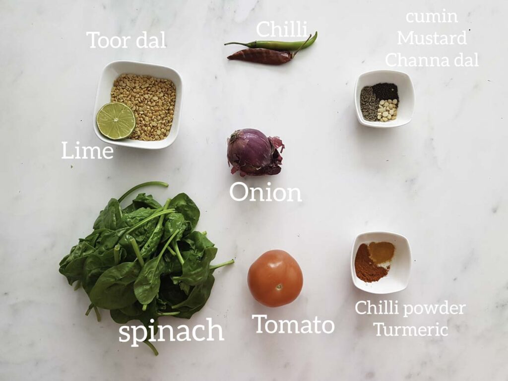 ingredients for making instant pot dal palak, spinach, veggies, spice,toor dal